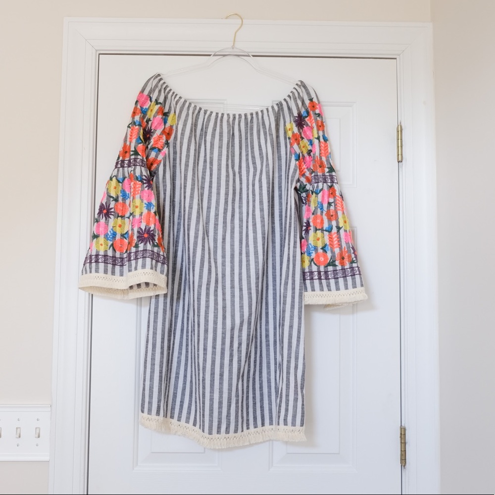 Striped Philosophy Dress with Floral Embroidery